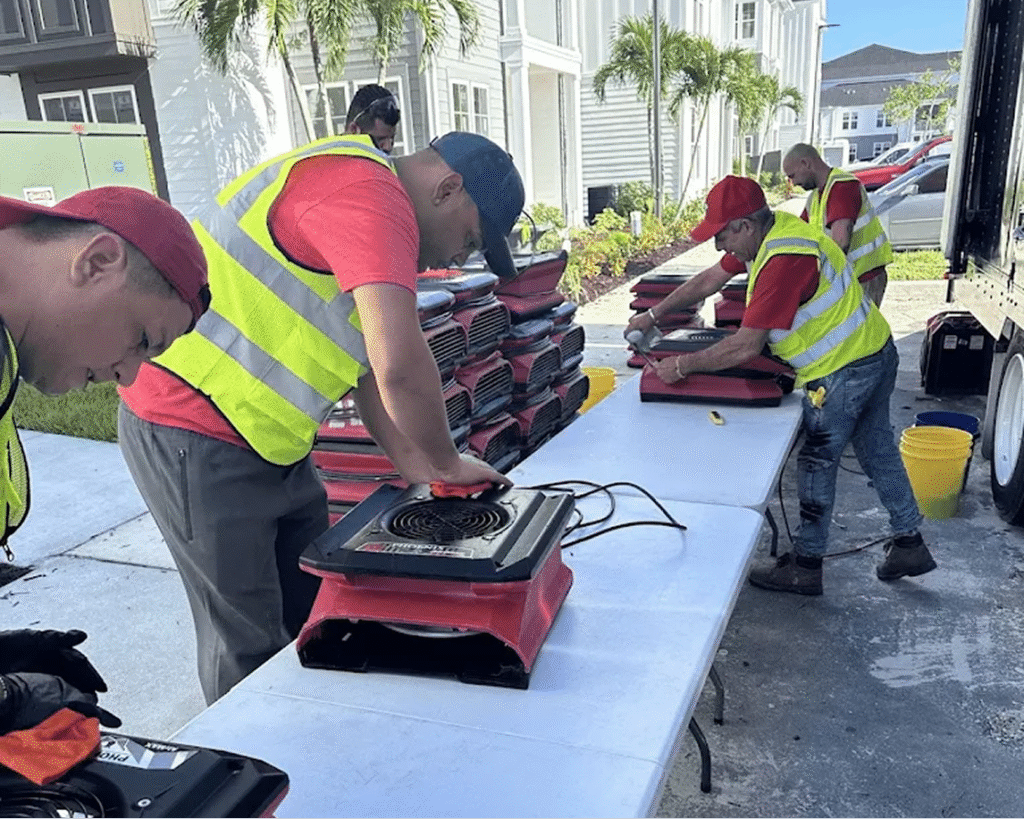 Volunteers in safety vests prepare food outdoors on portable stoves.