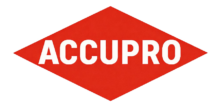 Red hexagon with bold white text spelling 'ACCUPRO'.