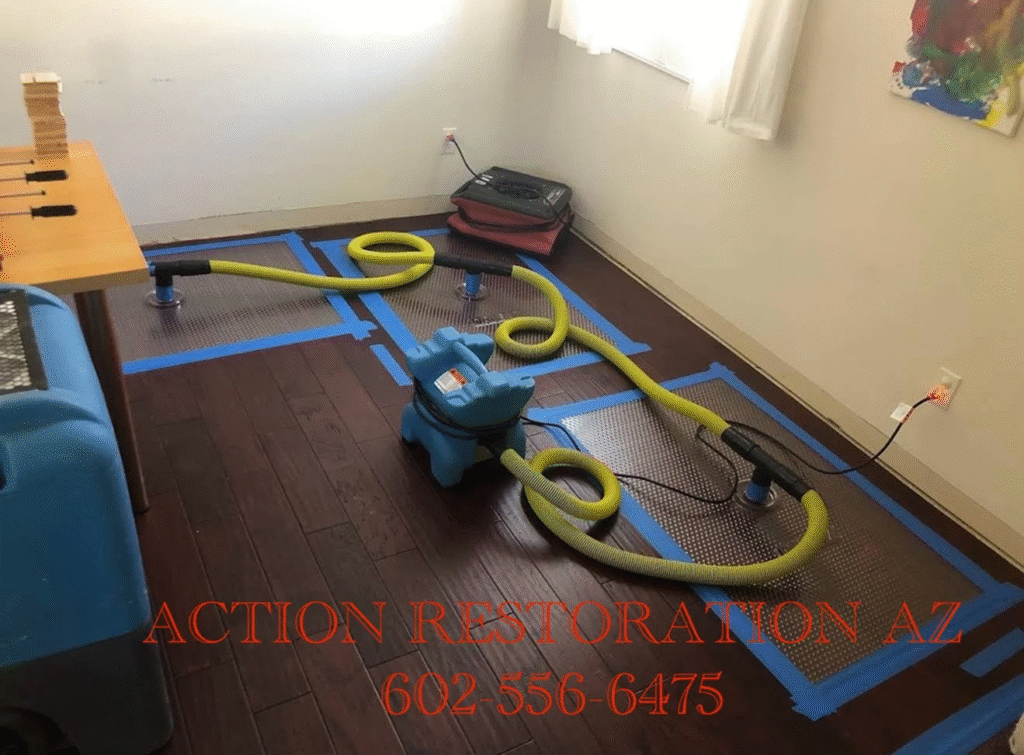 Water damage restoration equipment set up in a room with drying fans and hoses.