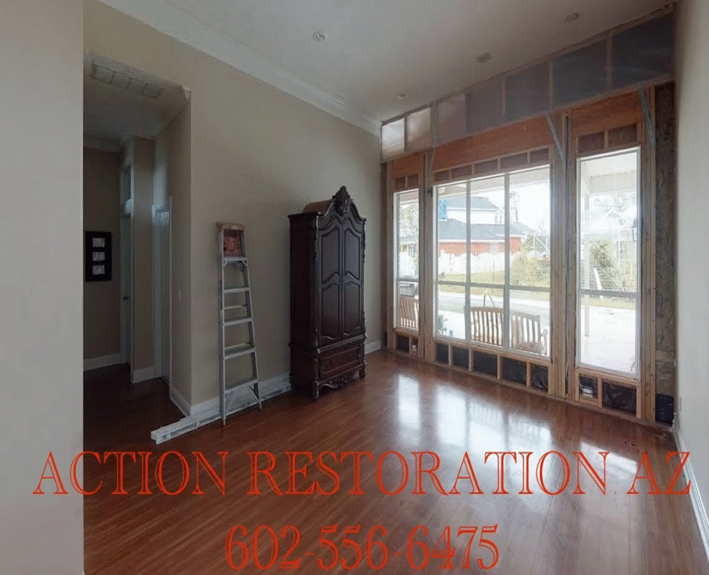 Bright room with large windows and wooden floors.