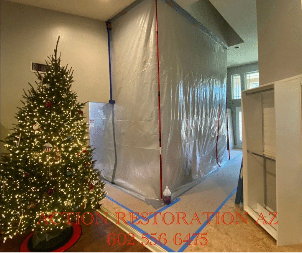 Christmas tree beside a plastic-enclosed room under construction.